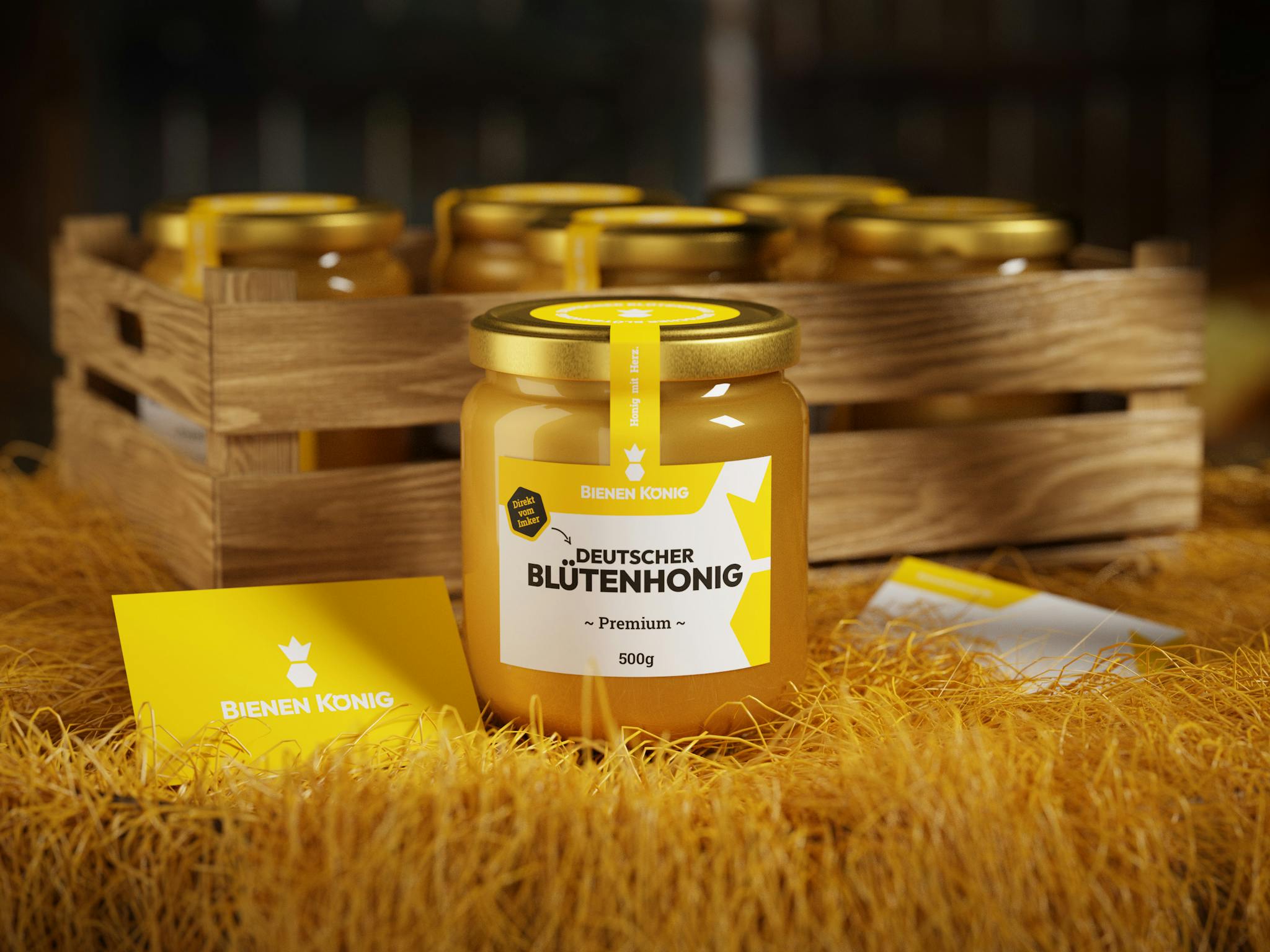 Jar of premium German flower honey on straw with other jars in a wooden crate.